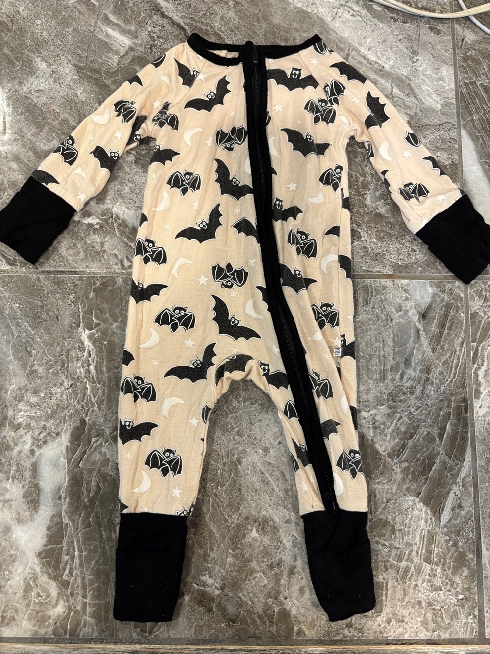 Caden Lane Bat Print Beige & Black Baby Zipper Footed Pajamas
